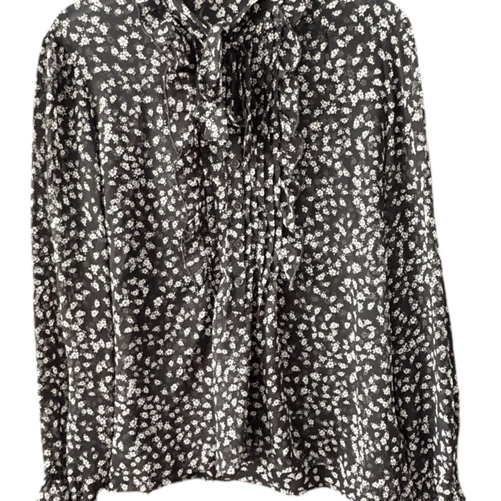Express Black White Floral Blouse Ruffle Front Sheer Tie Neckline Office Size M - Picture 5 of 11